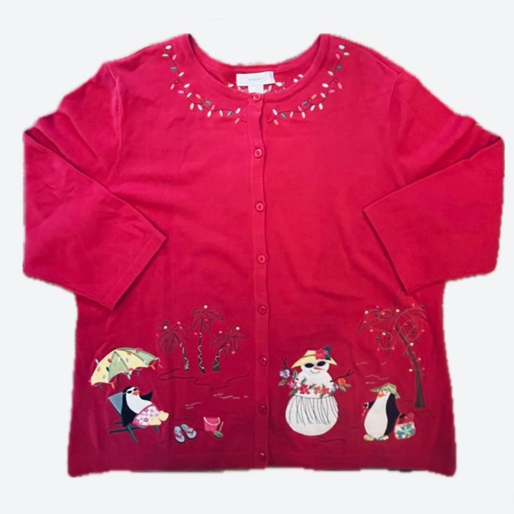 NWT Tropical Christmas Embroidery Felted Red Button Down 3/4 Sleeve Cardigan 1X